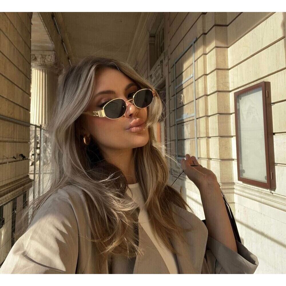 Celine CL40235U 30N Triomphe Metal Oval Sunglasses Gold Green Lens AUTHENTIC